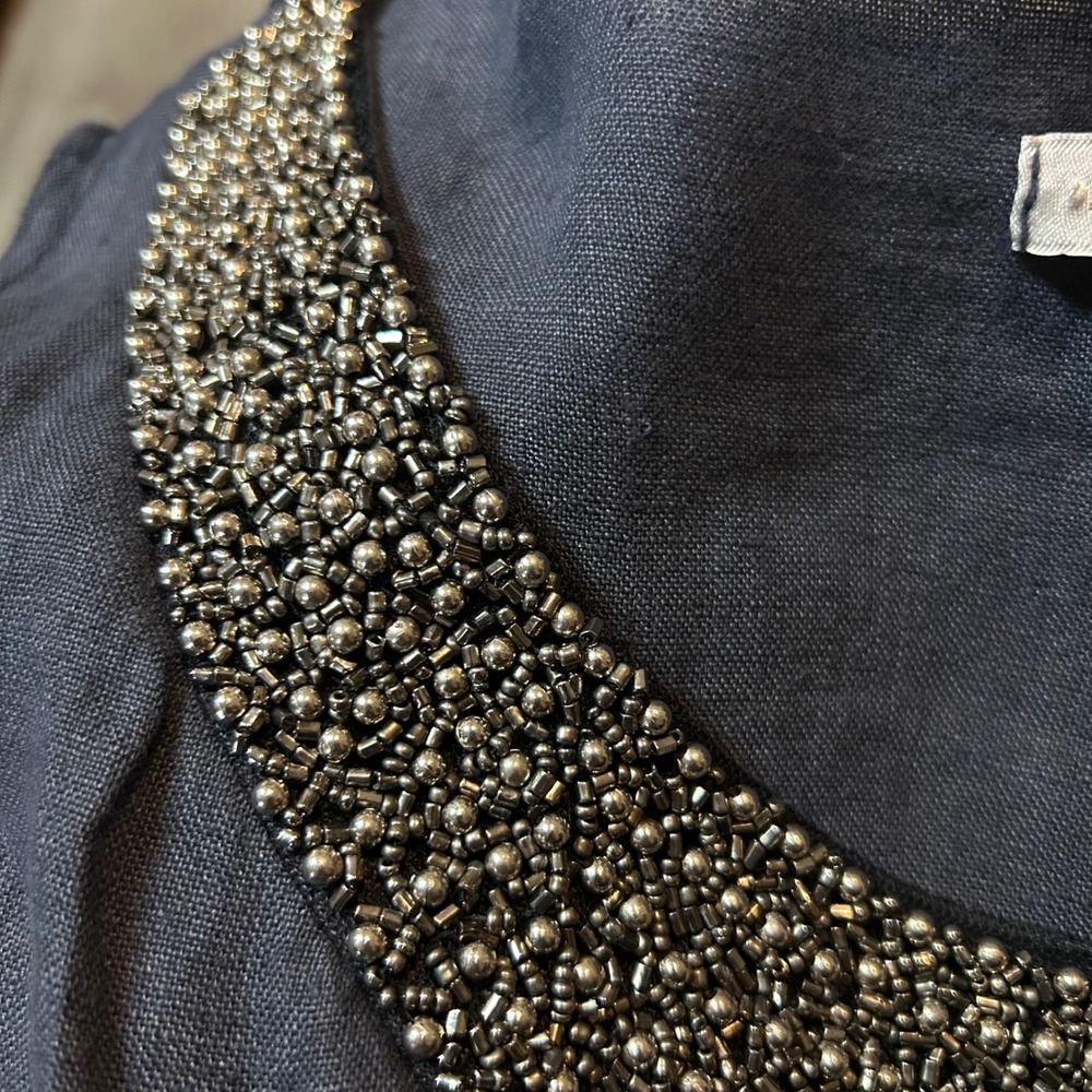Navy Linen Embellished Shift Dress Pocket L Made In Italy Quiet Luxury Old Money - Picture 4 of 9